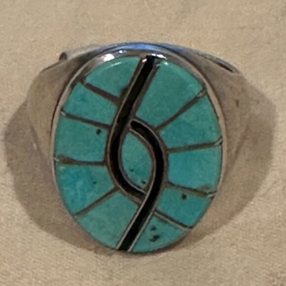 Native American Jewelry - Turquoise and Obsidian Sterling Silver Ring